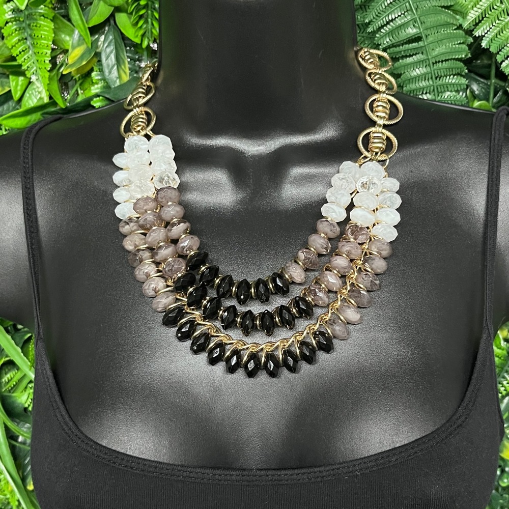 Gold Tone Triple Strand Black Grey Ombre Bead Statement Bib Necklace 3817